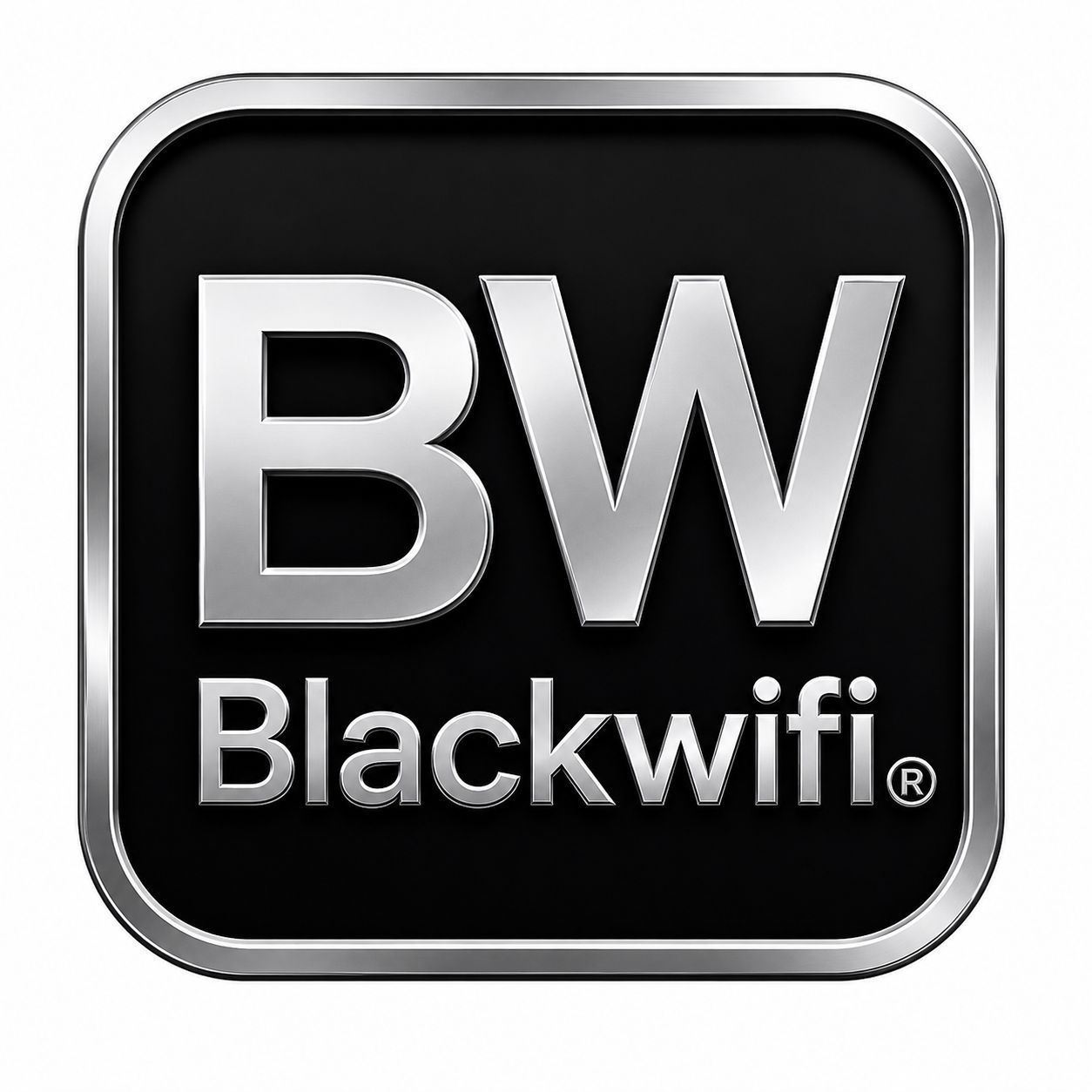 Logotipo de Blackwifi con letras BW plateadas sobre un fondo cuadrado redondeado negro.