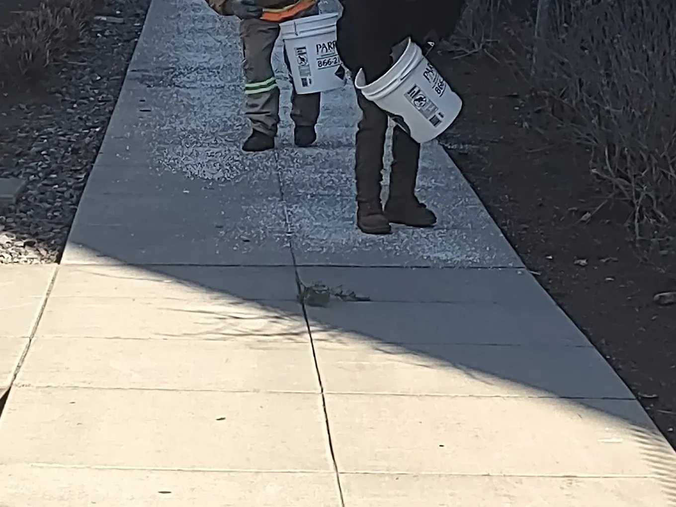 Two people walking on a sidewalk, carrying white buckets in a sunny outdoor area.