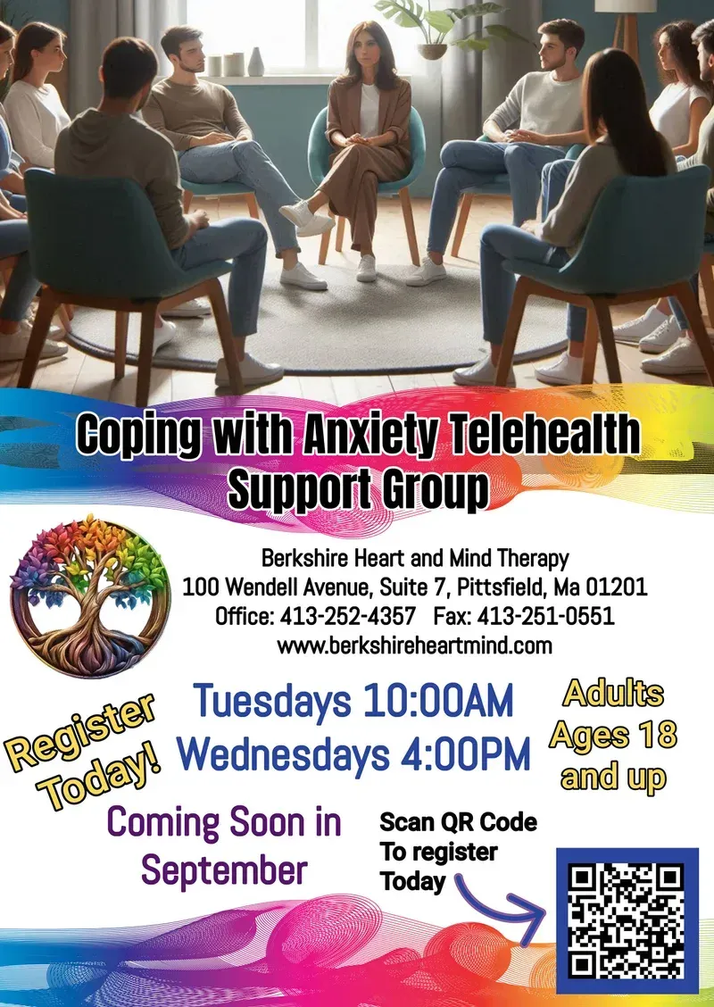 A poster for a group called coping with anxiety telehealth support group