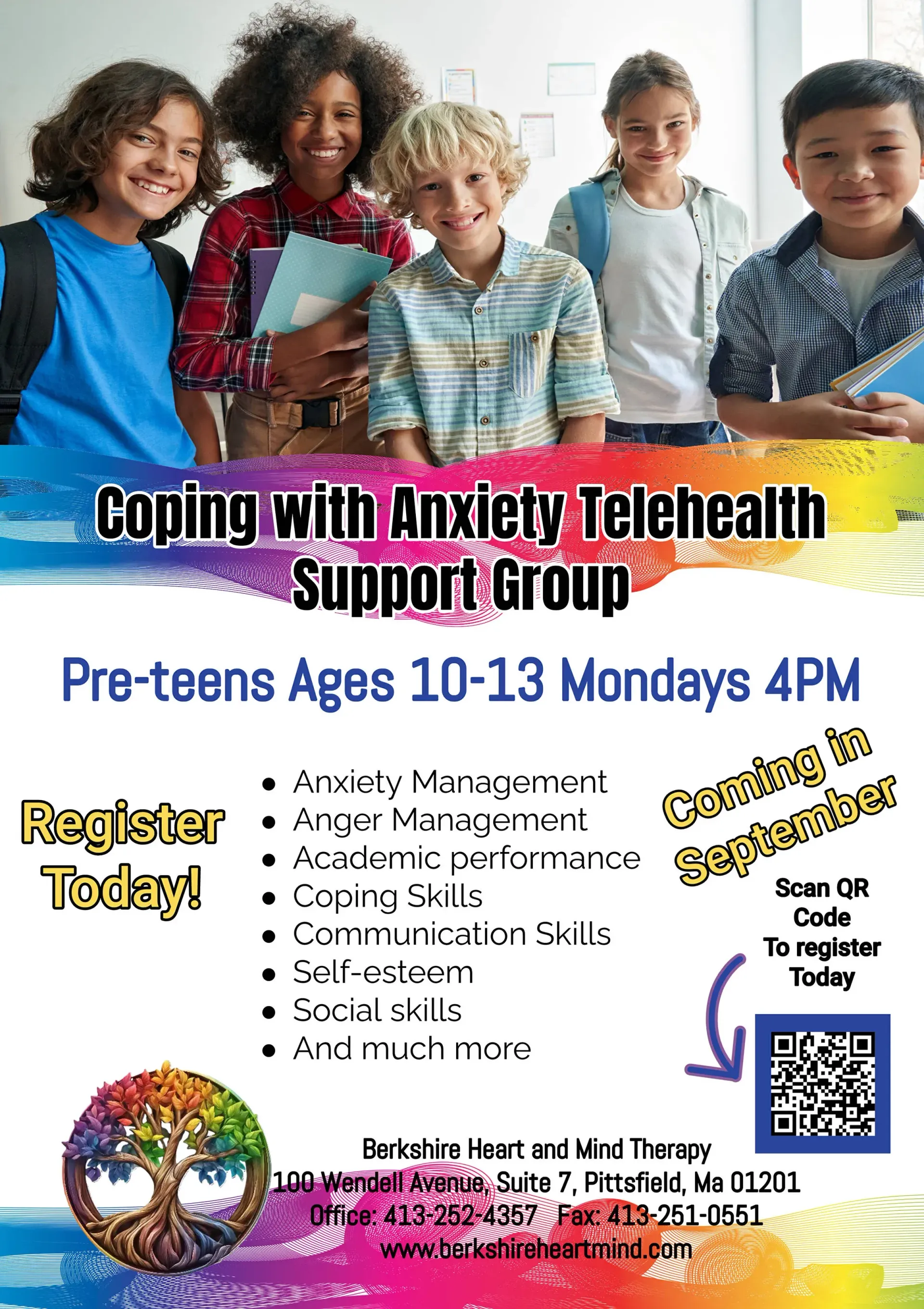 A poster for a group called coping with anxiety telehealth support group.