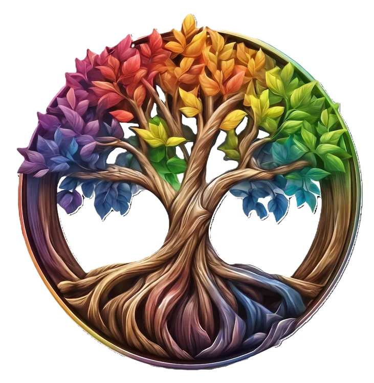 A tree with rainbow colored leaves in a circle