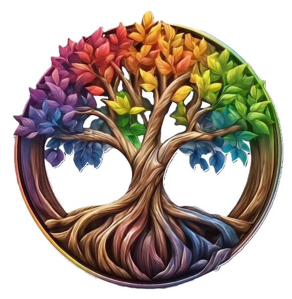 A tree with rainbow colored leaves in a circle