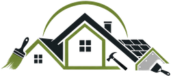 Eco-friendly home maintenance logo with green roof, house silhouettes, paintbrush, hammer, and solar panel