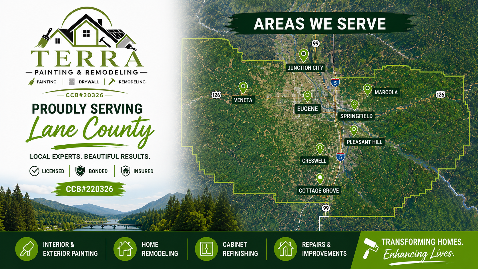 TERA Realty flyer: “Proudly serving Lane County” with map of areas served and agent contact icons