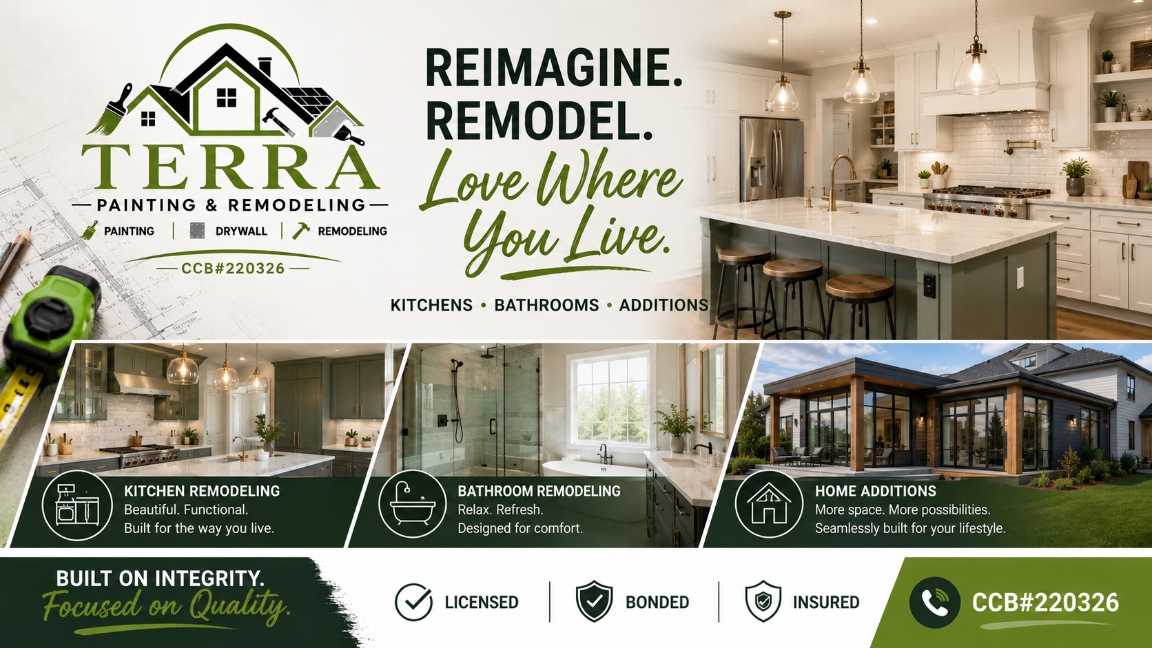 Terra Painting & Remodeling ad with homes, kitchen, and slogan “Reimagine. Remodel. Love Where You Live.”