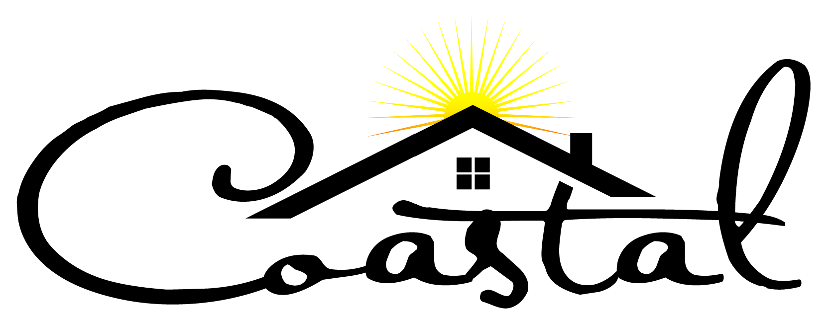 A coastal logo with a house and the sun shining through it.