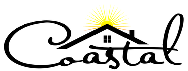 A coastal logo with a house and the sun shining through it.