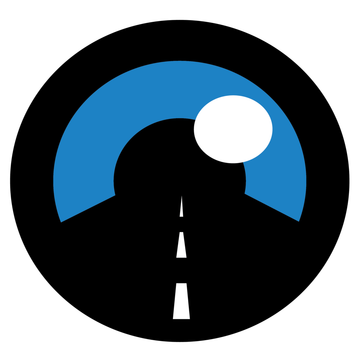 Blue and black circular road icon with a white sun over a dark highway