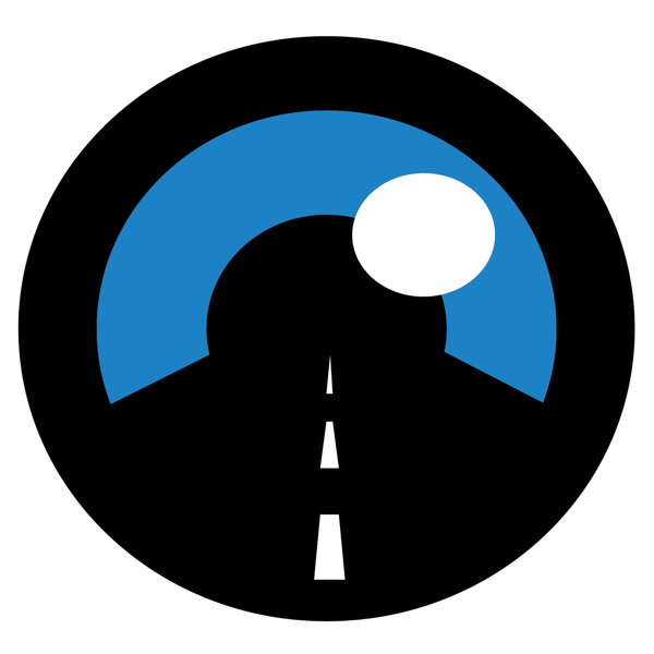 Stylized black road through a blue arch and white sun on a black circular background