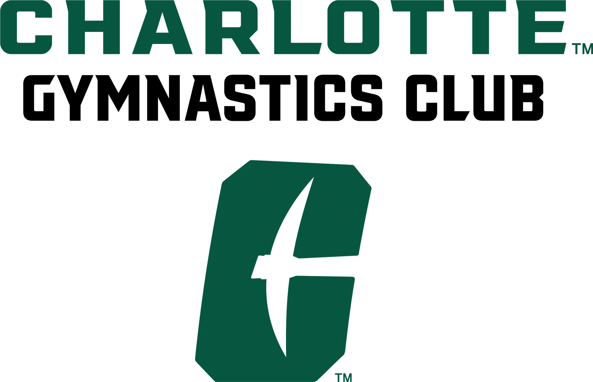 Charlotte Gymnastics Club logo in green and black with a stylized lowercase “c” icon