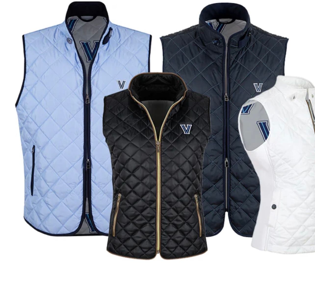 Four quilted V-neck vests in light blue, black, navy, and white arranged side by side