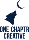 Dark blue wolf head logo howling at a crescent moon above the words “ONE CHAPTER CREATIVE”
