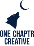 Dark blue wolf head logo howling at a crescent moon above the words “ONE CHAPTER CREATIVE”
