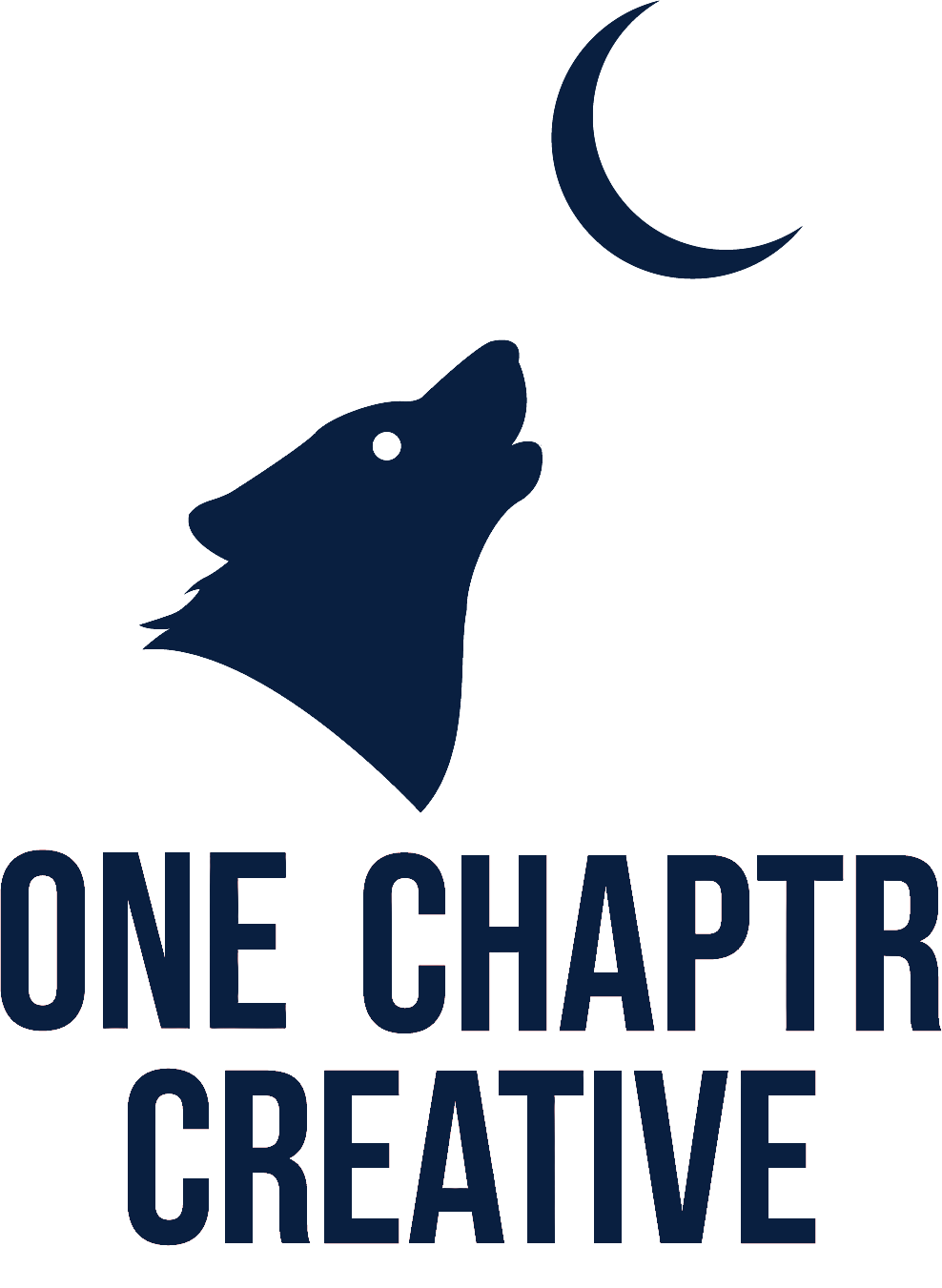 Dark blue wolf head logo howling at a crescent moon above the words “ONE CHAPTER CREATIVE”