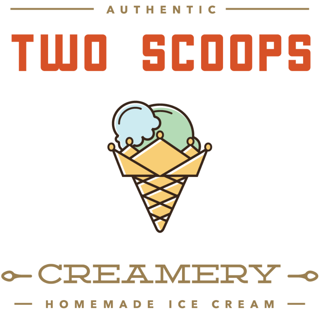 Two Scoops Creamery logo with crossed waffle cones and ice cream scoops on a white background