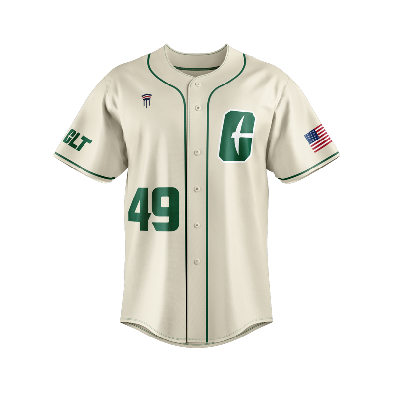 Cream baseball jersey with green accents, number 49, and an American flag patch on the sleeve