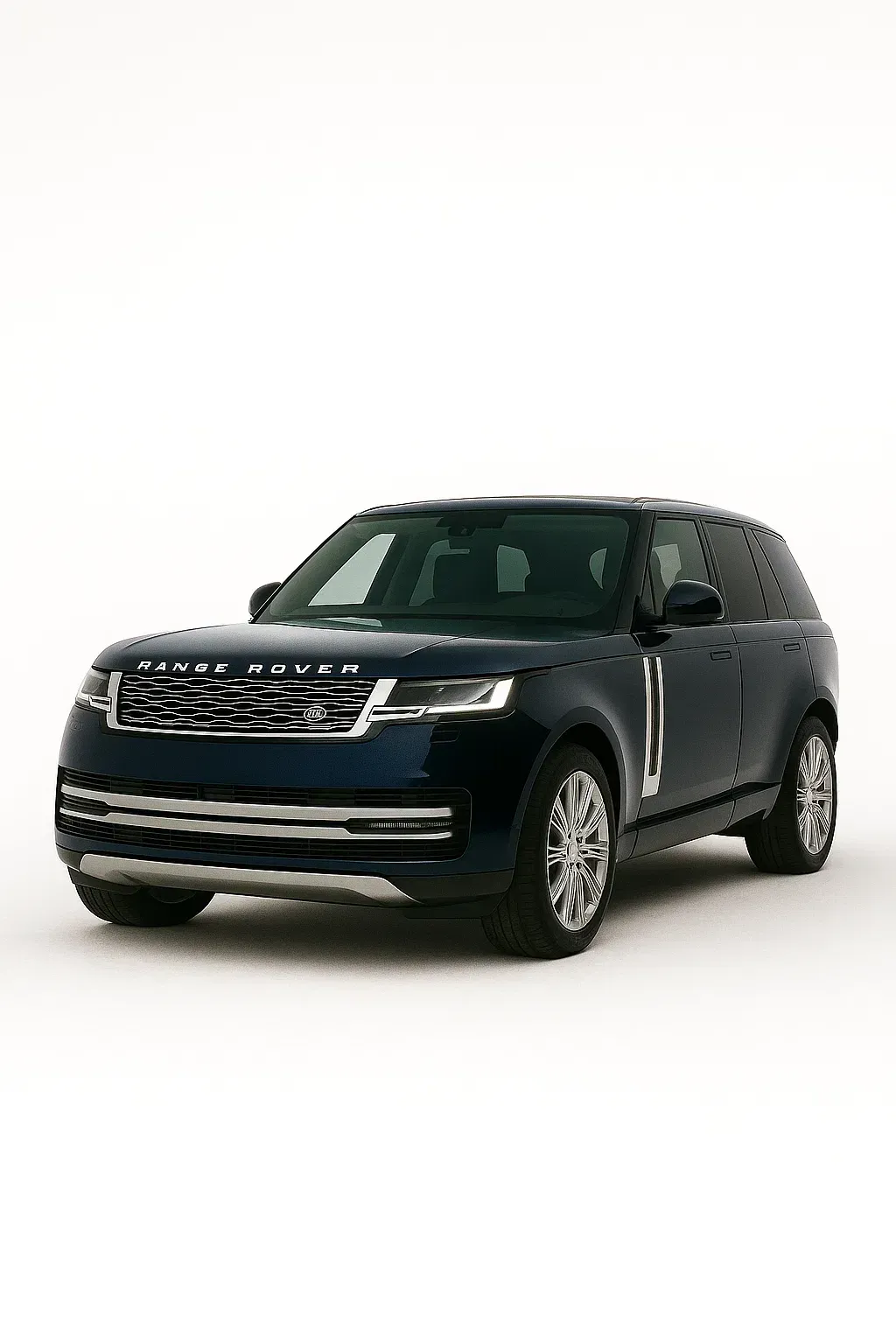 Dark blue Range Rover SUV on a white backdrop, front view.
