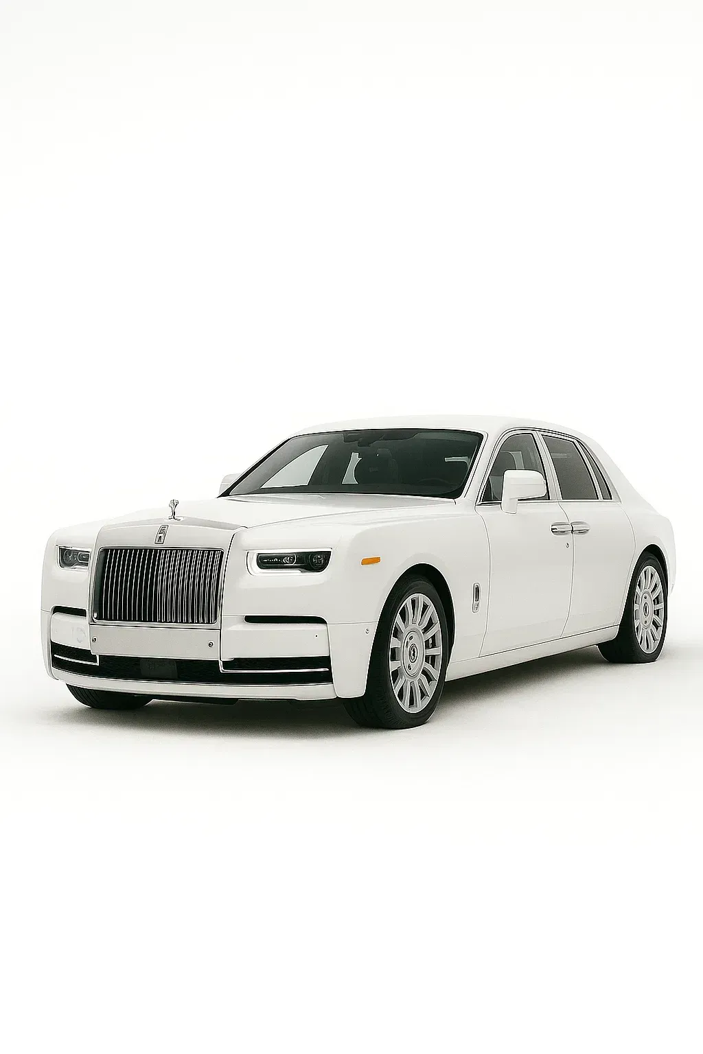 White Rolls-Royce luxury sedan parked on a white background; front view with chrome accents.