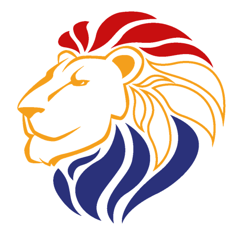 Leeuwenkoplogo in de kleuren rood, oranje en blauw.