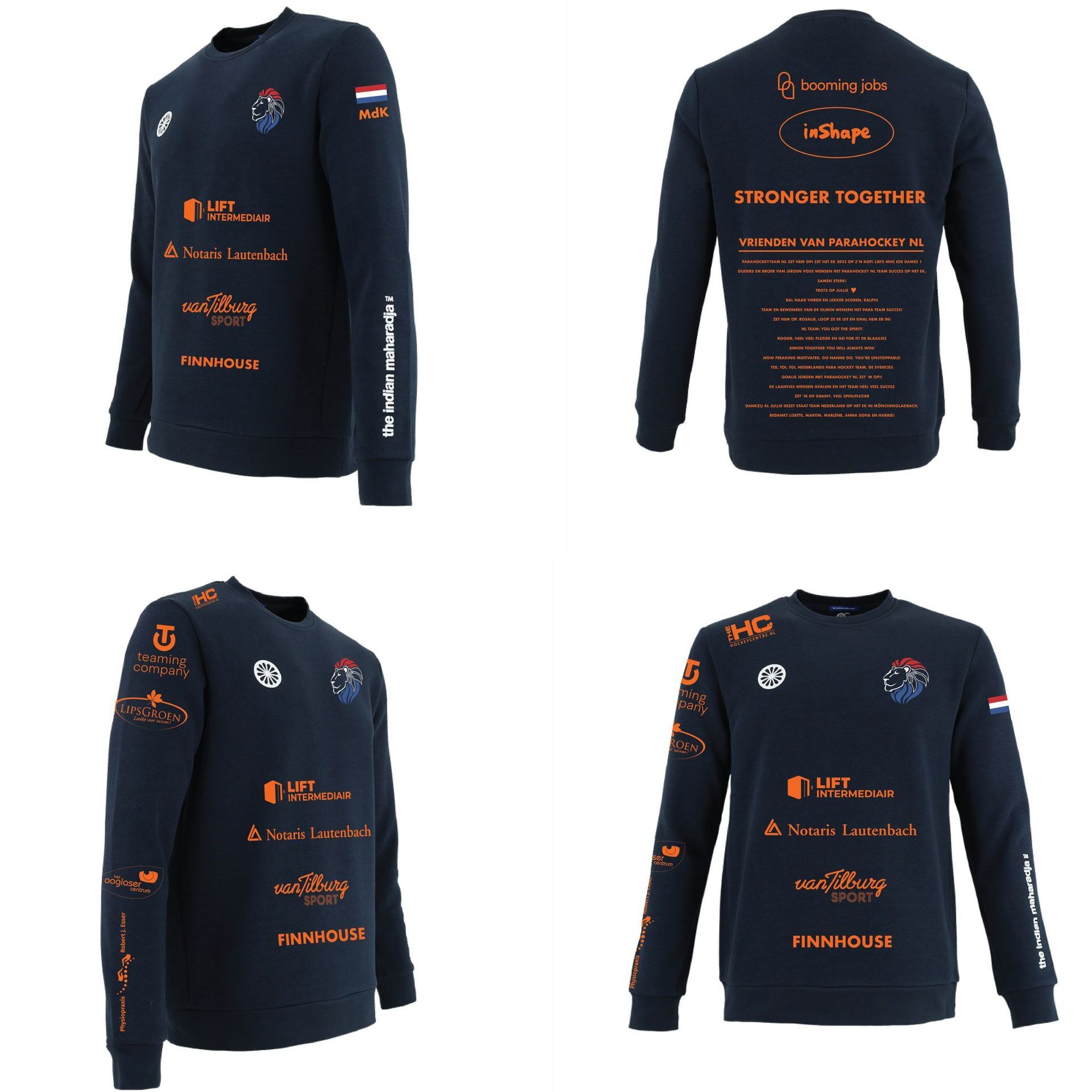 Vier aanzichten van een marineblauwe sweater met oranje logo's en tekst.