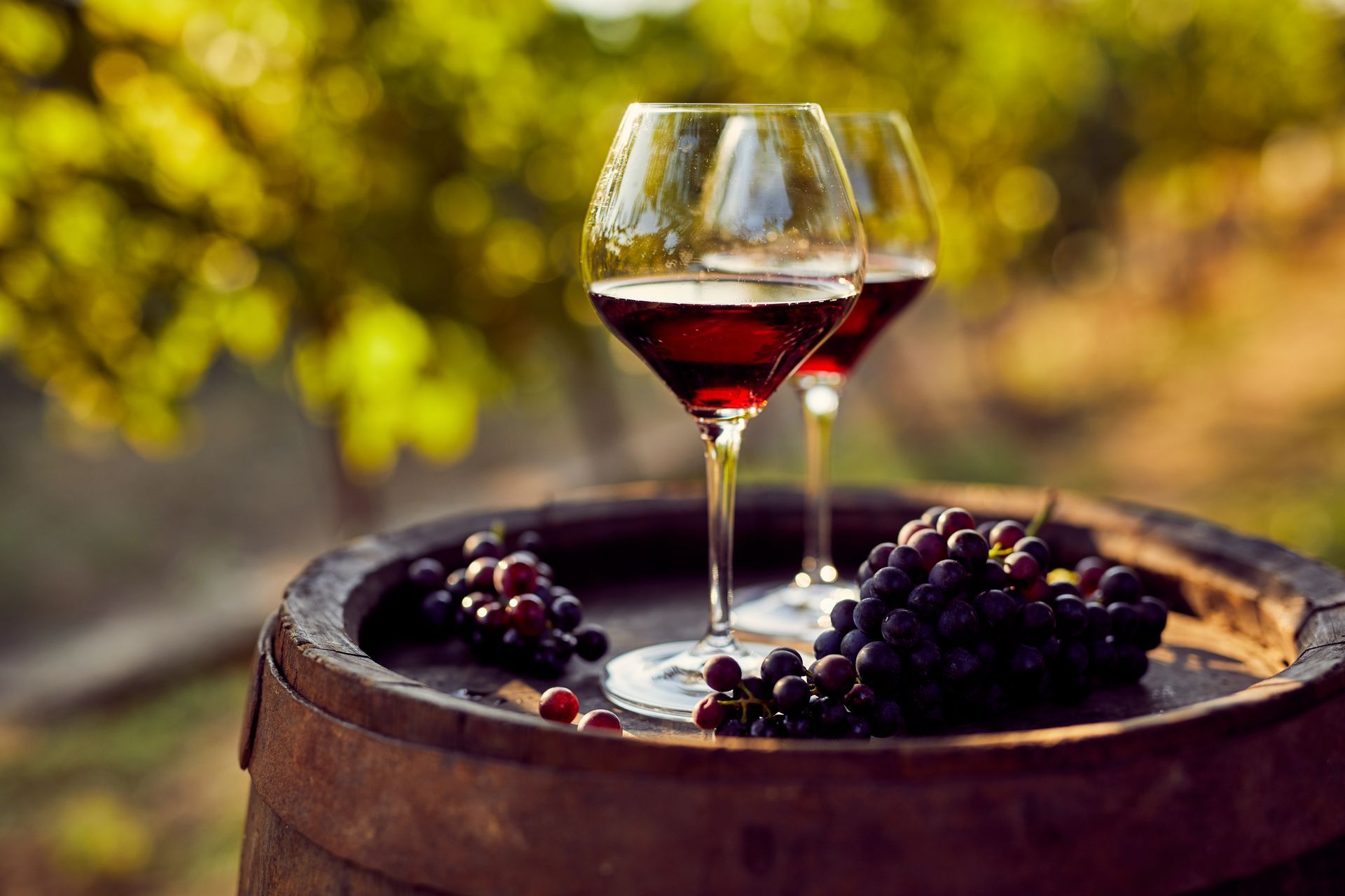 Two glasses of red wine and a bunch of grapes on a wooden barrel.