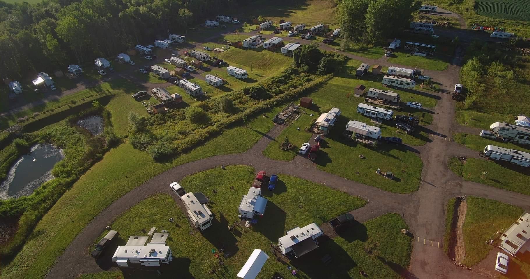 A lot of cars are parked in a parking lot in the woods.