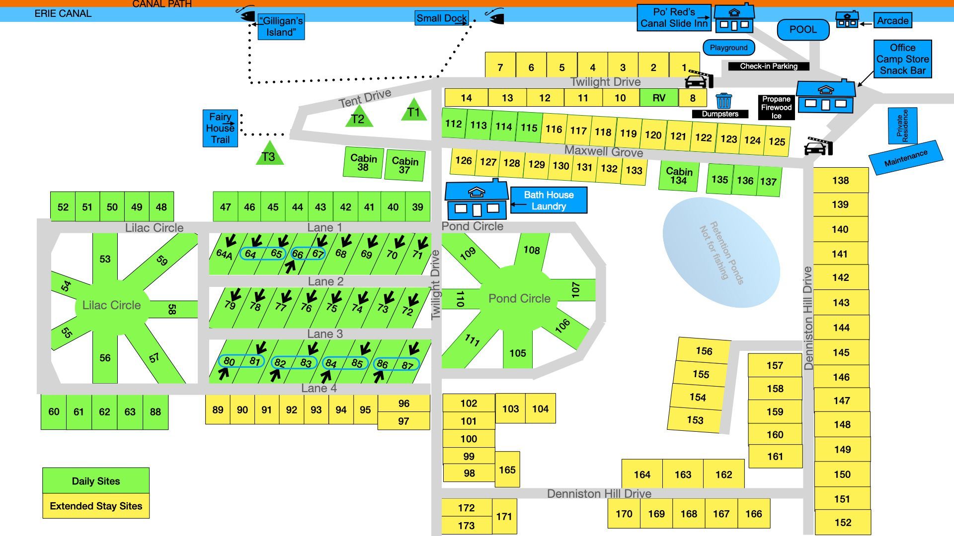 A map of red 's twilight on the erie rv resort