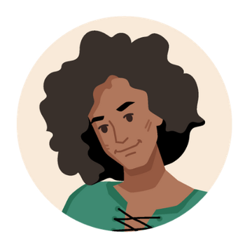 Smiling person with dark skin and curly hair, wearing a green shirt, inside a beige circle.