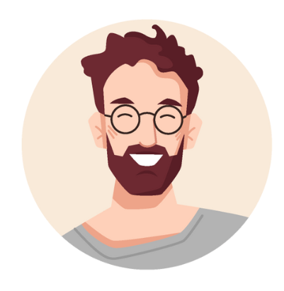 Smiling person with brown hair, beard, and glasses in a circle. Wearing a grey shirt.