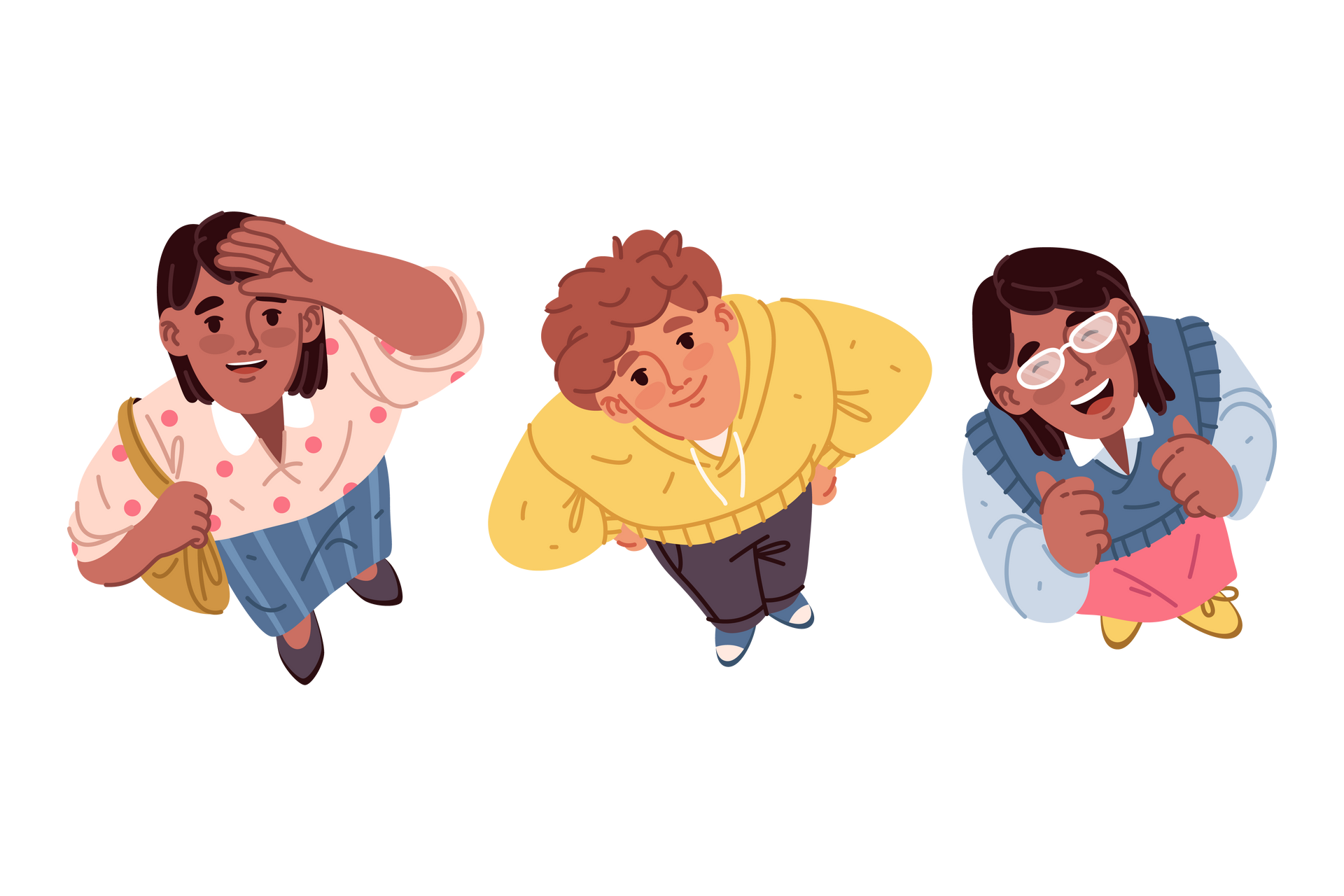 Three people looking upwards; smiling. One shielding eyes, one has hands on hips, and one gives thumbs up.