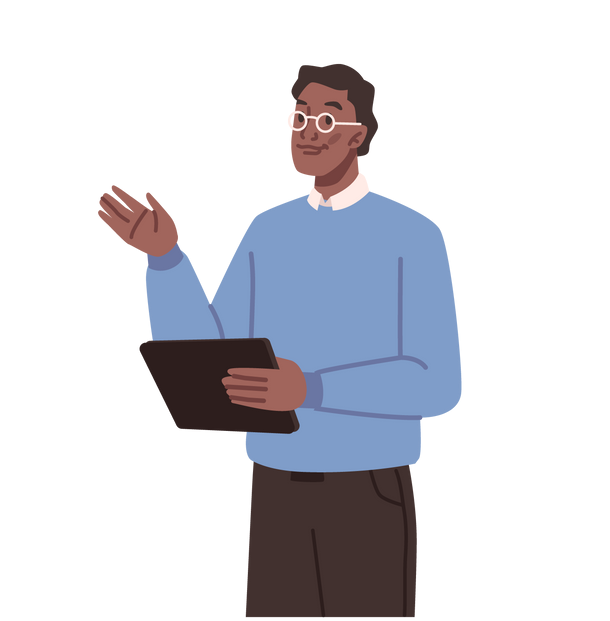 Man in blue sweater and glasses holds tablet, gesturing with other hand.
