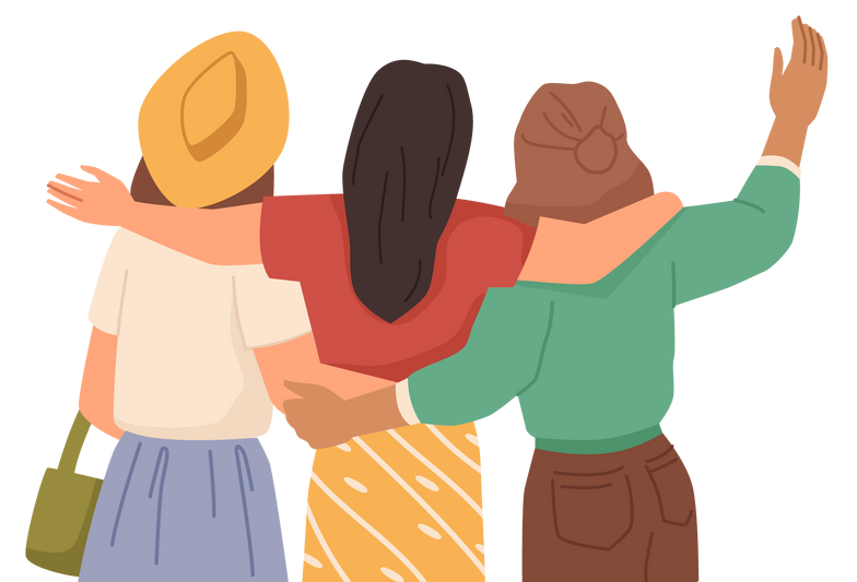 Three people with arms around each other. One waves, wearing a hat, green shirt, and skirt.