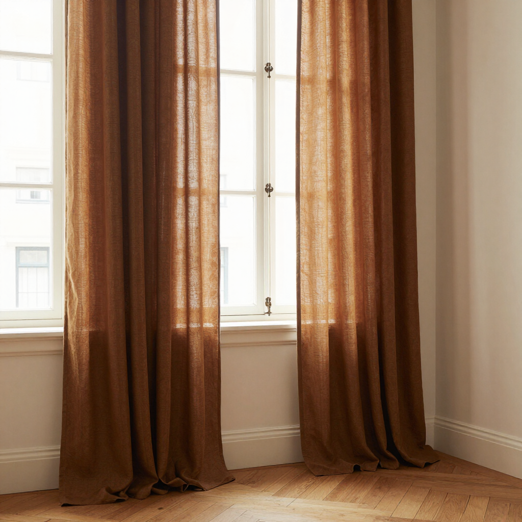 Donkere velours gordijnen voor een raam in een woonkamer