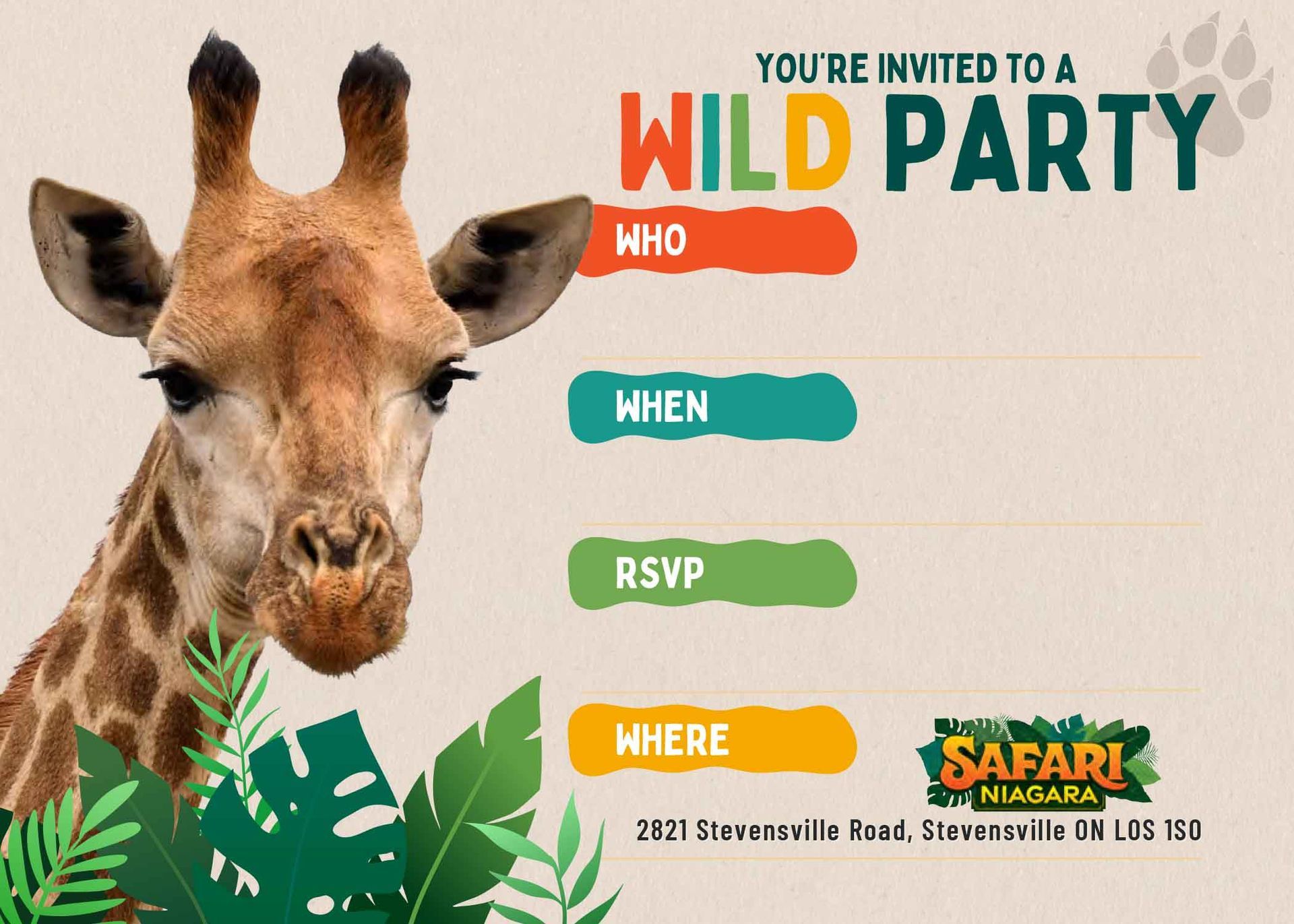 safari niagara birthday party invite