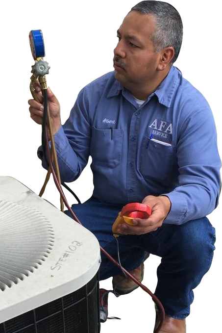 AFA Service HVAC technician examining a pressure meter