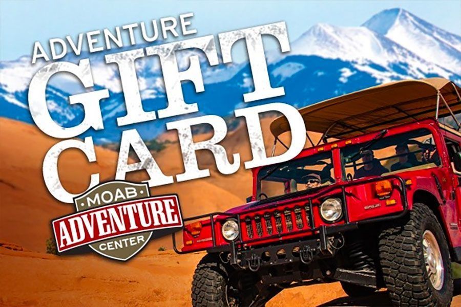 Gift card for Moab Adventure Center with red Hummer driving on sand in front of mountains.