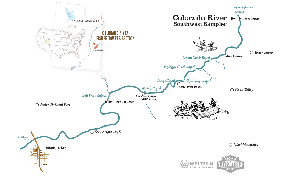 River rafting map of the Colorado River near Moab, Utah and Castle Valley.