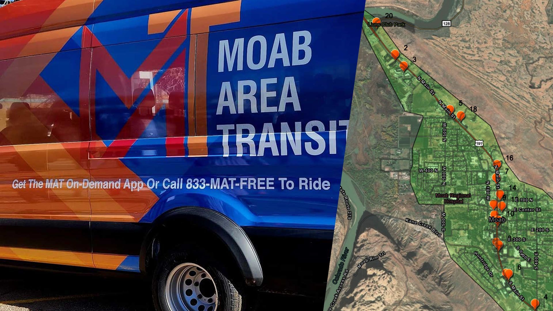 Moab Area Transit van with a route map overlay. Van is blue and orange. Map shows river and stops.