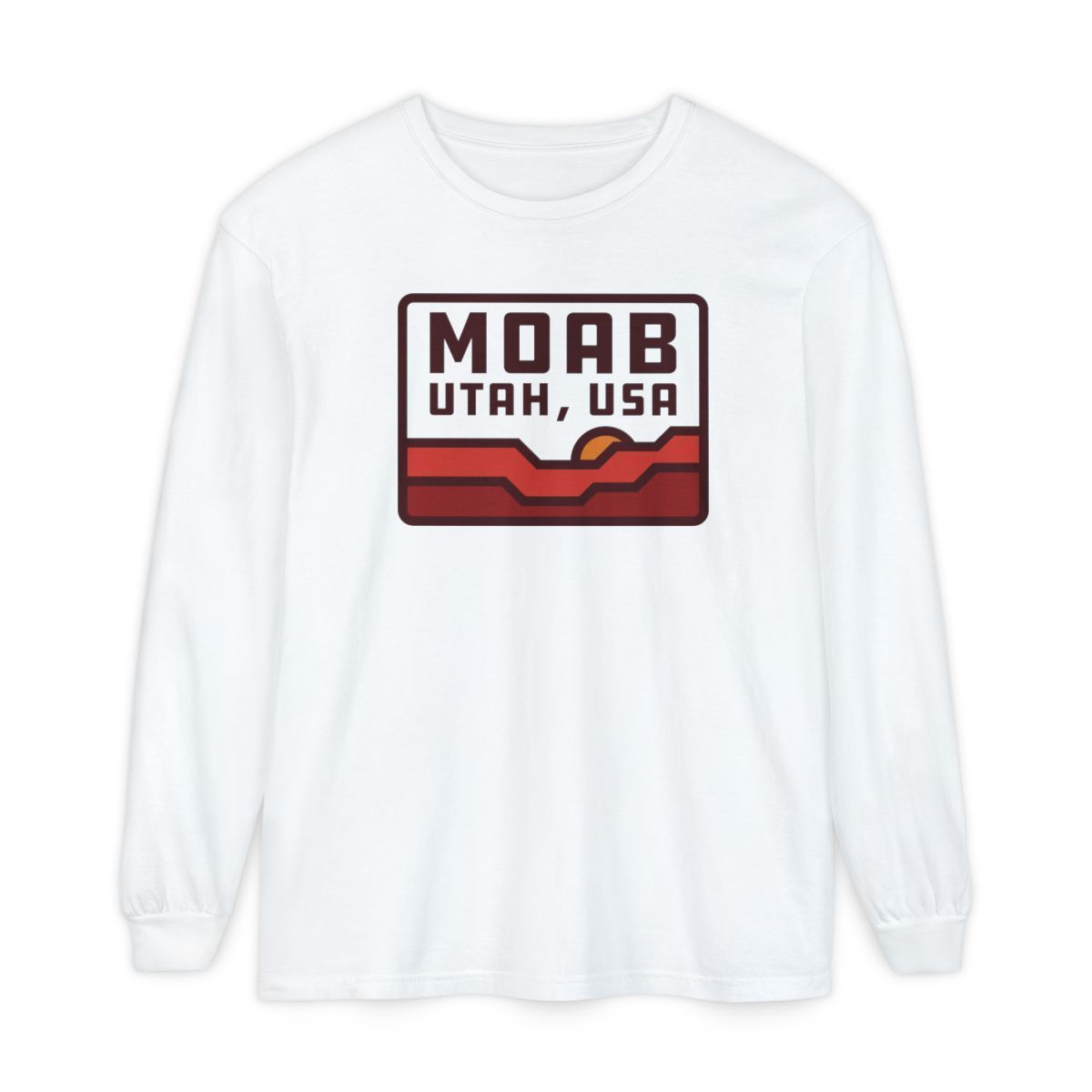 Long sleeve white t-shirt with illustrated Moab graphic on front