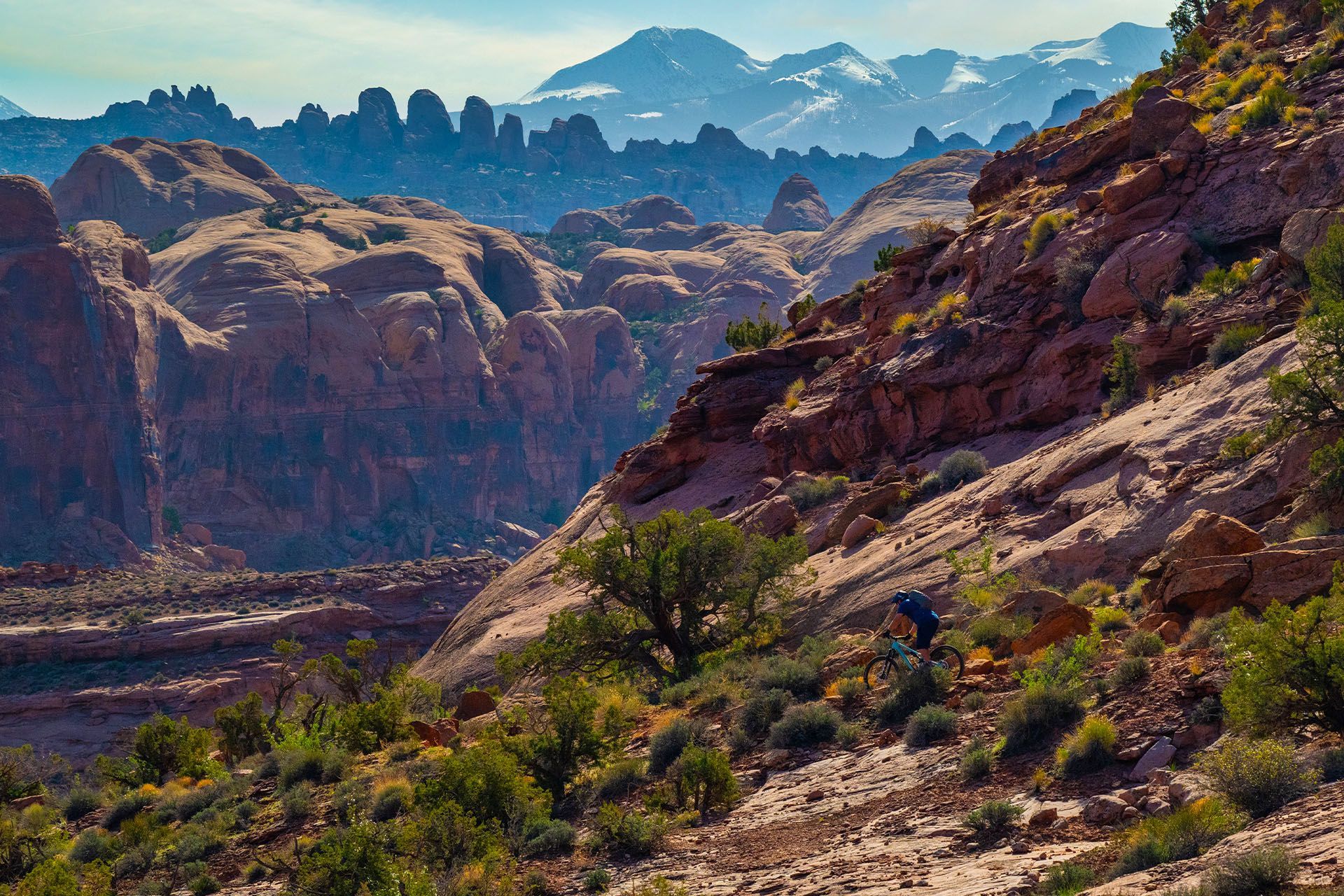 Rugged landscape with red rocks, green vegetation, and distant mountains under a blue sky.