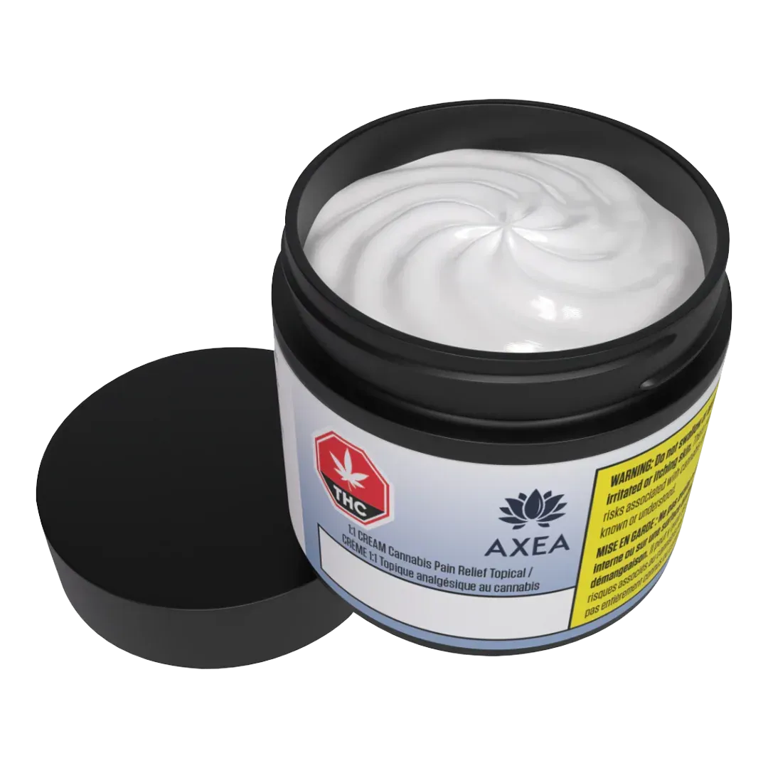 Jar of white cream with black lid; labeled