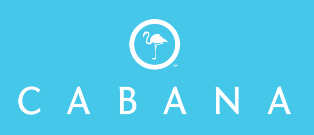 CABANA logo with a white circle icon and spaced white letters on a blue background