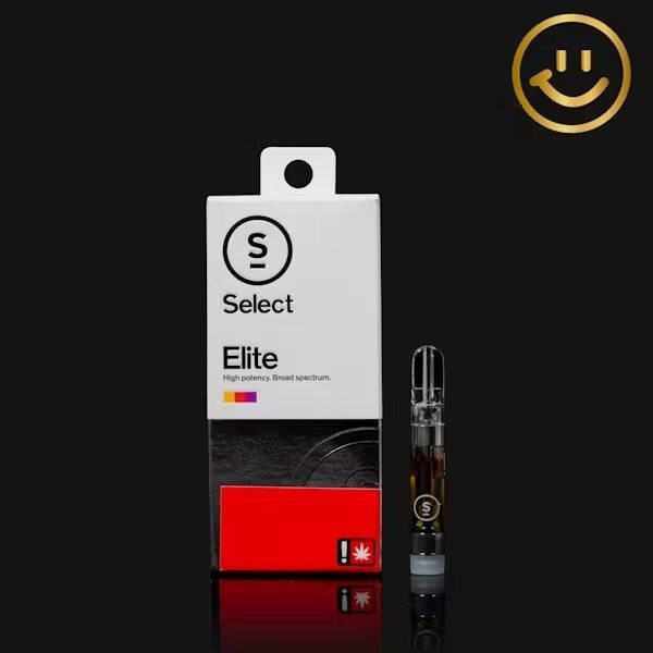 Select Elite vape cartridge and box, red/black/white. Gold smiley face logo.