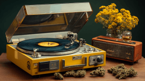 Yellow record player with a record, flowers, speaker, and cannabis buds on a wooden table.