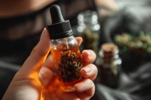 A hand holding a dropper bottle of amber liquid with a cannabis bud inside. Blurred jars of cannabis are in the background.