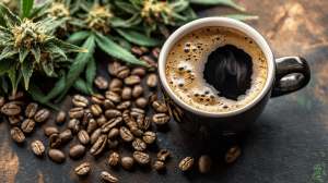 Coffee mug with cannabis buds and coffee beans.
