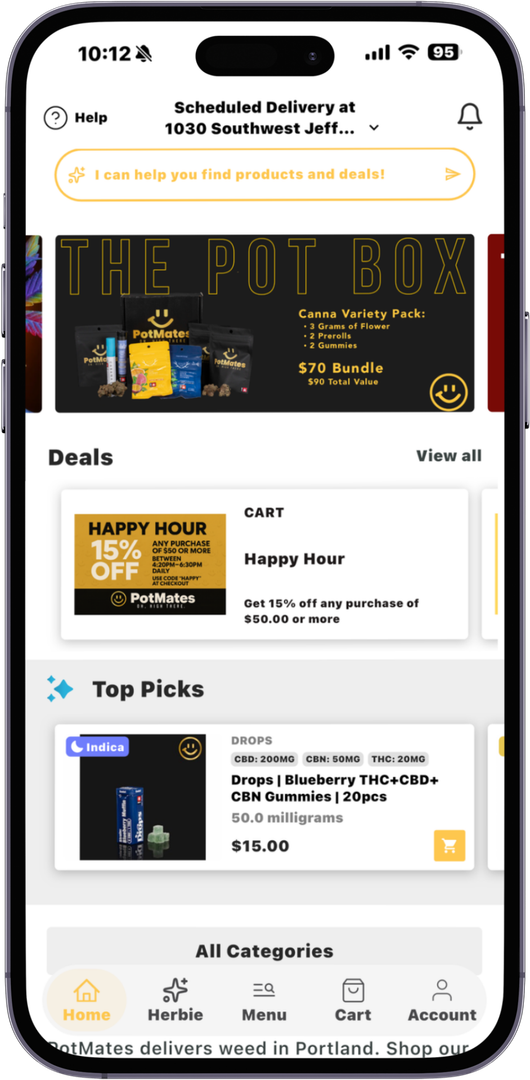Mobile shopping app home screen with search bar, promo banner, category buttons, and product cards.