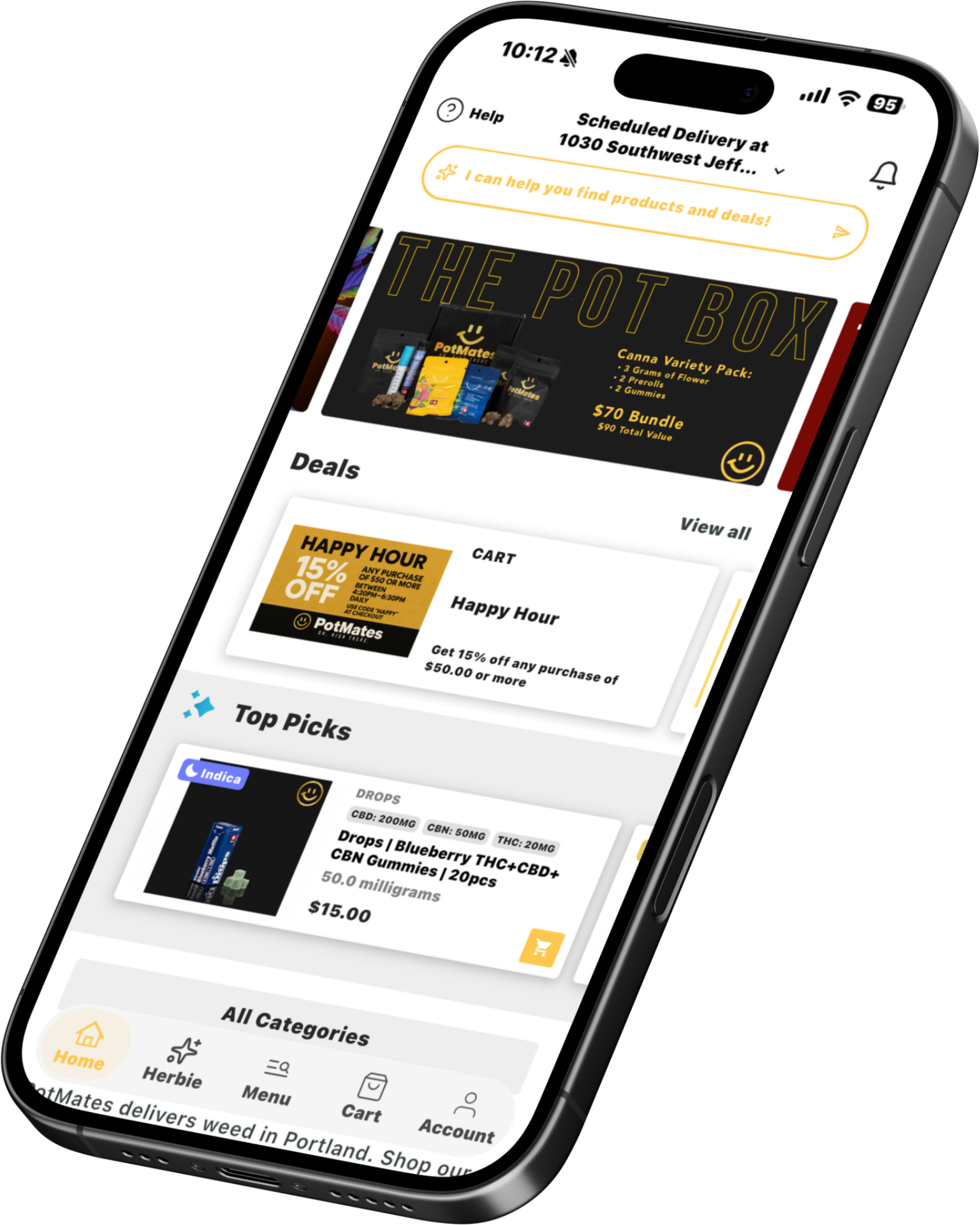 Angled smartphone showing a finance/investment app dashboard with charts, cards, and navigation tabs