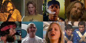 Eight movie characters, relaxed expressions, from stoner comedies.