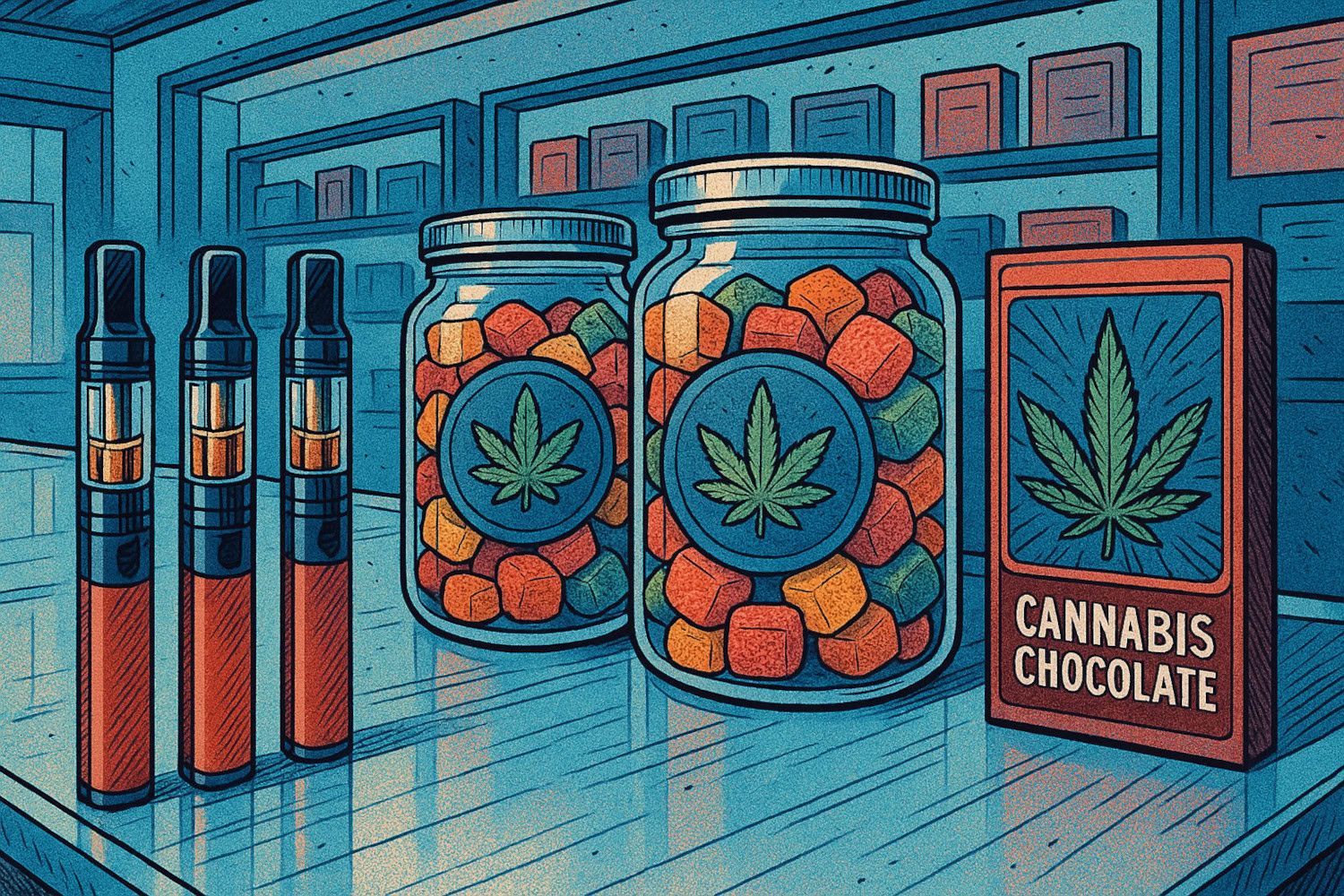 Cannabis products: vape pens, jars of edibles, and a chocolate bar on a store counter. Blue and orange tones.